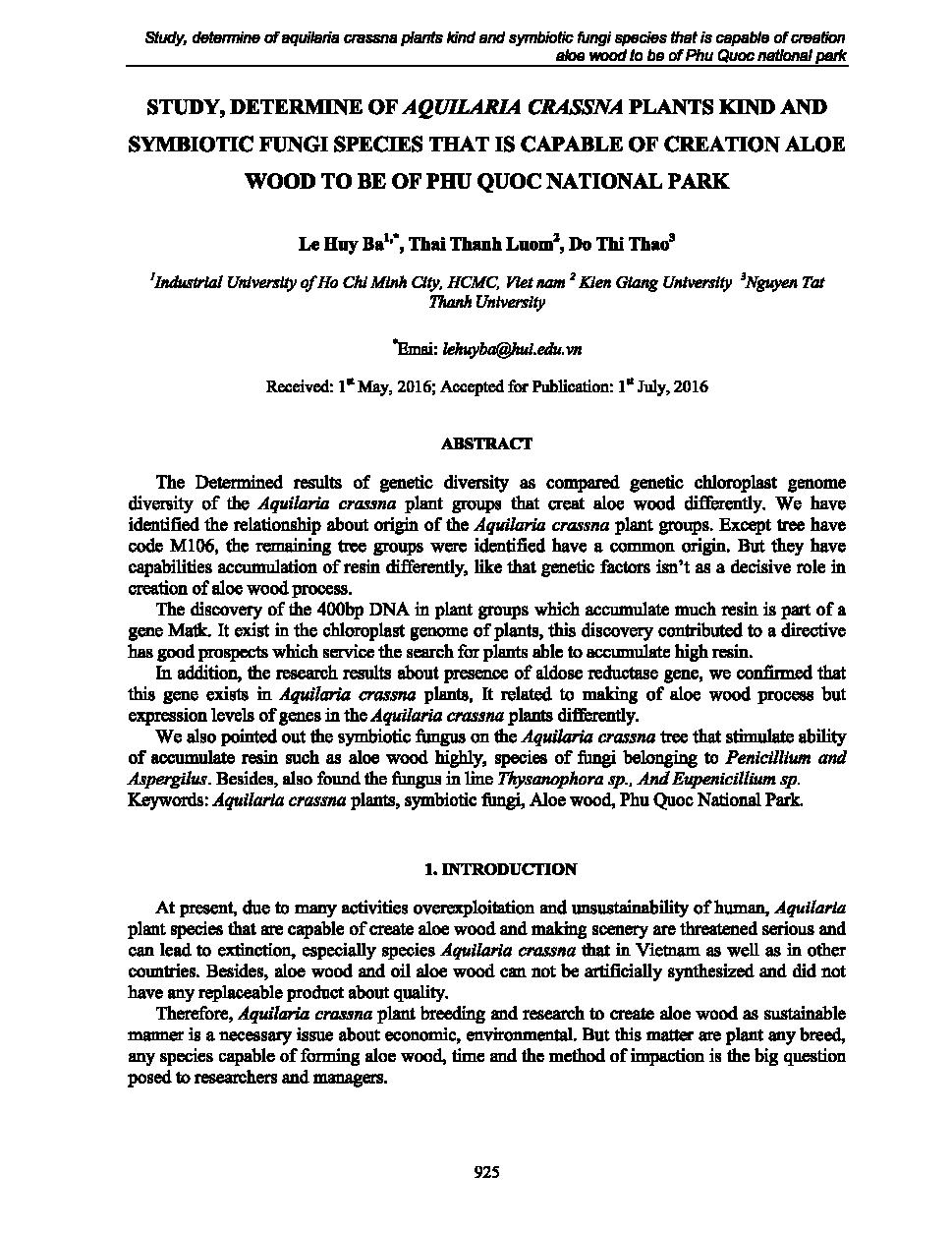 Study, determine of aquilaria crassna plants kind and symbiotic fungi species that is capable of creation aloe wood to be of Phu Quoc national park