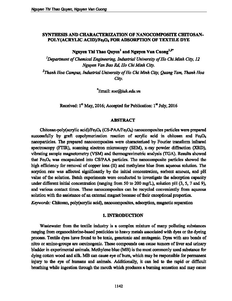 Synthesis and characterization of nanocomposite chitosan-poly (acrylic acid)/ Fe3O4 for adsorption of textile DYE