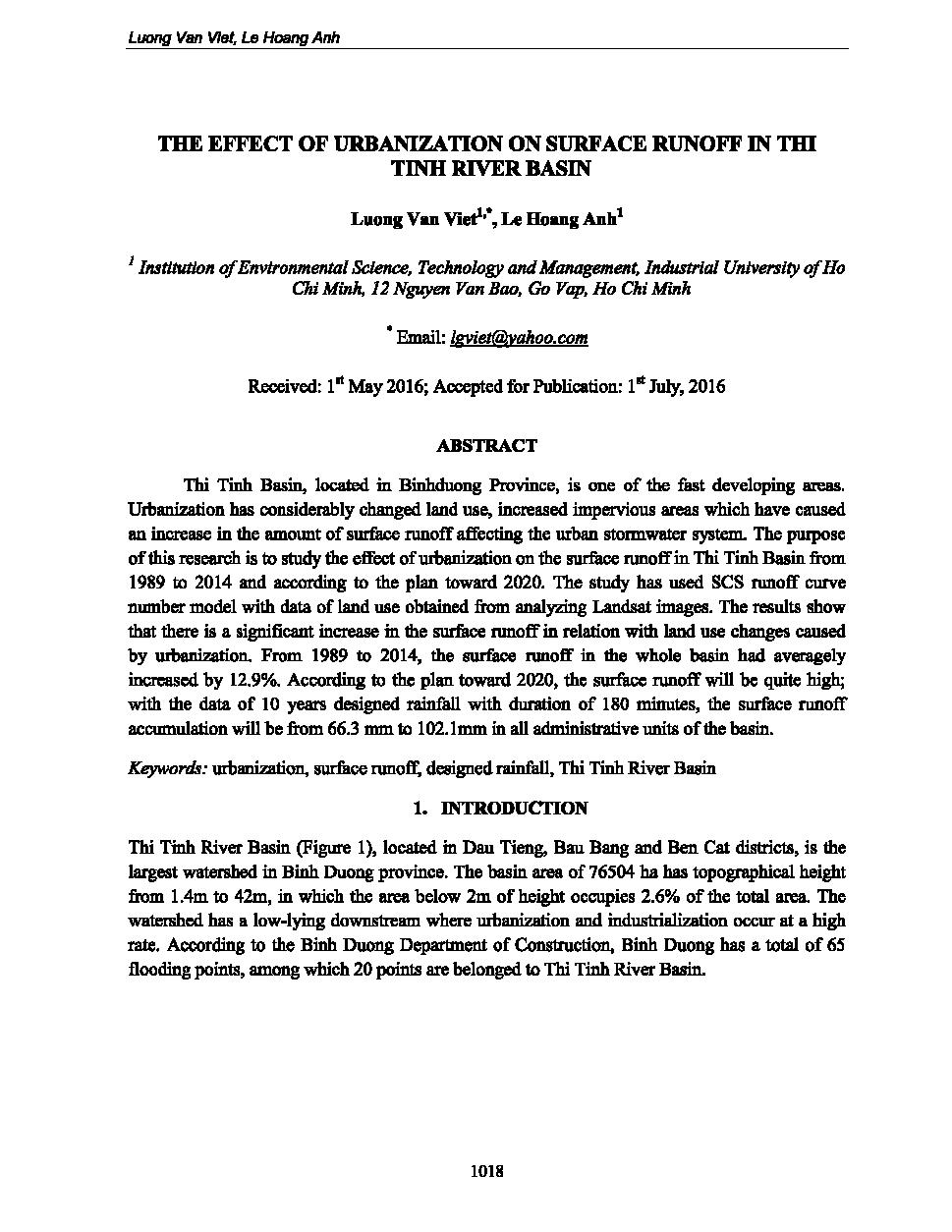 The effect of urbanization on surface runoff in Thi Tinh river basin