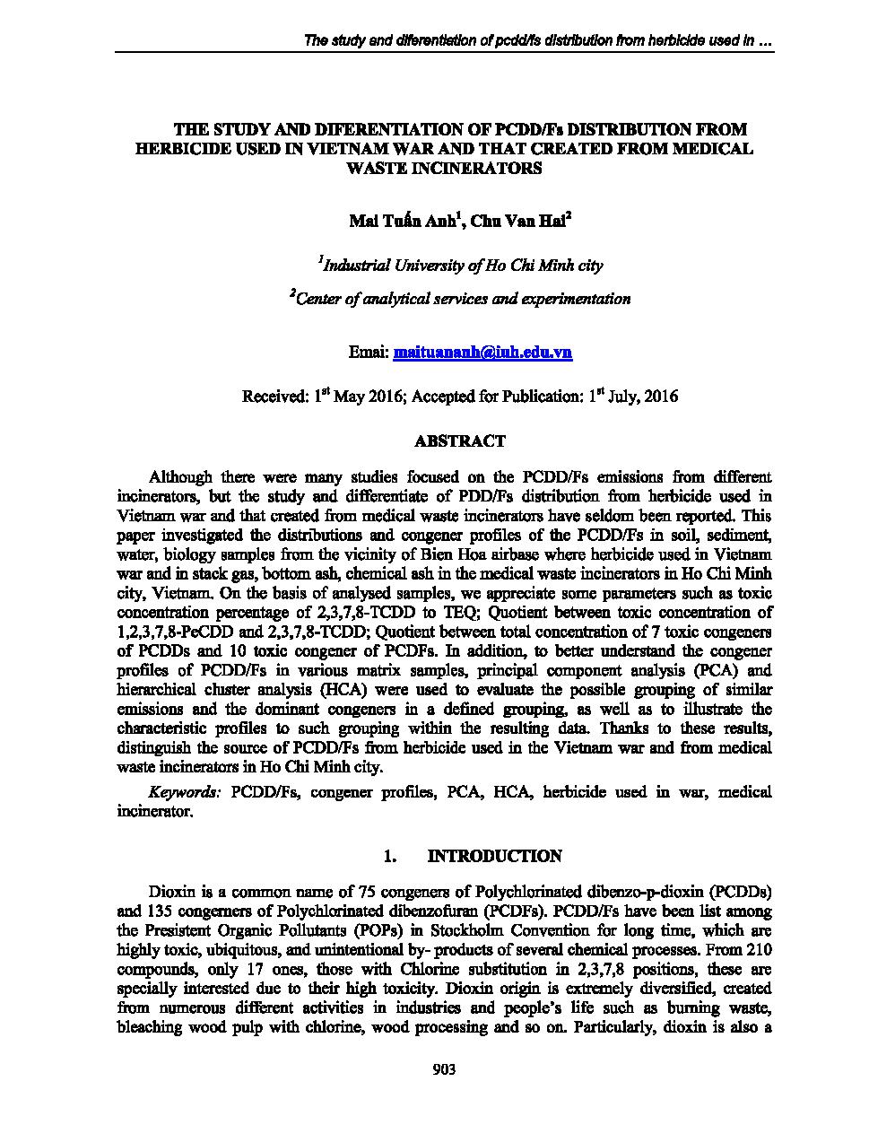 The study and differentiation of PCDD/Fs distribution from herbicide used in Vietnam war and that created from medical waste incinerators