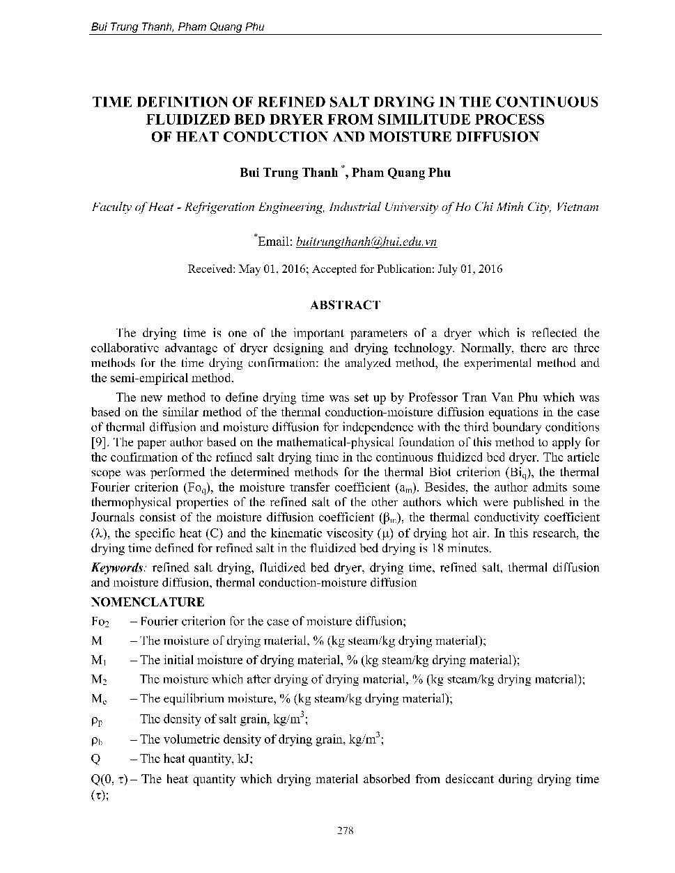 Time definition of refined salt drying in the continuos fluidized bed dryer from similitude process of heat conduction and moisture diffusion