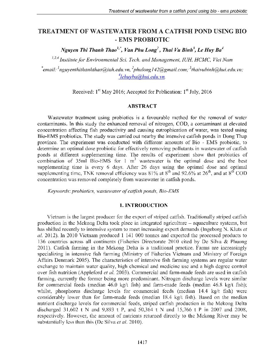 Treatment of wastewater from a catfish pond using Bio - EMS probiotic