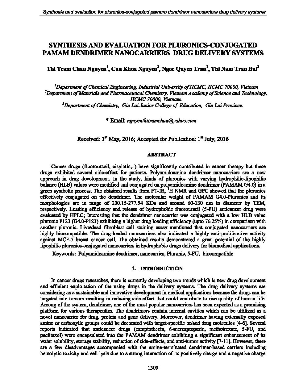 Synthesis and evaluation for pluronics-conjugated pamam dendrimer nanocarriers drug delivery systems