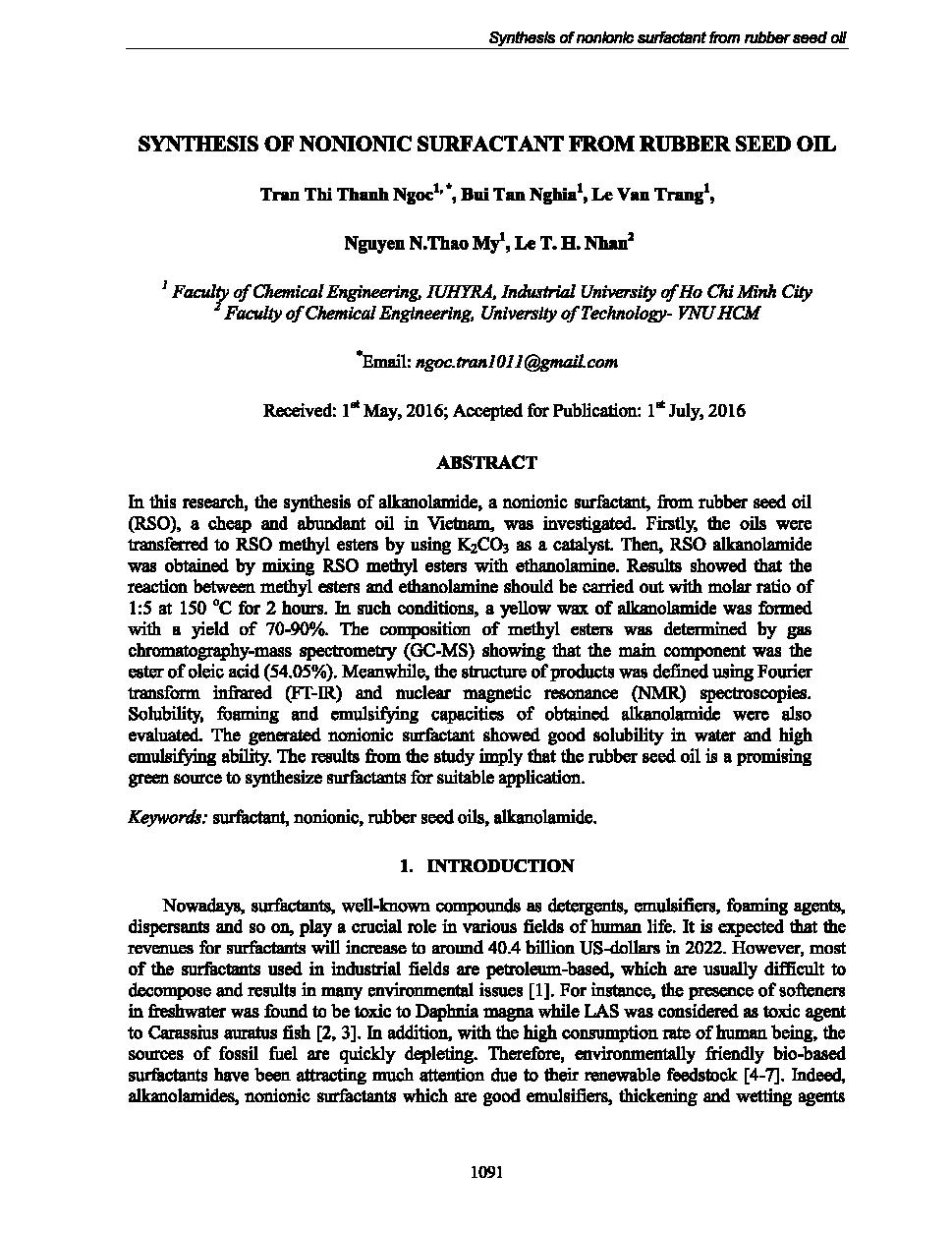 Synthesis of nonionic surfactant from rubber seed oil