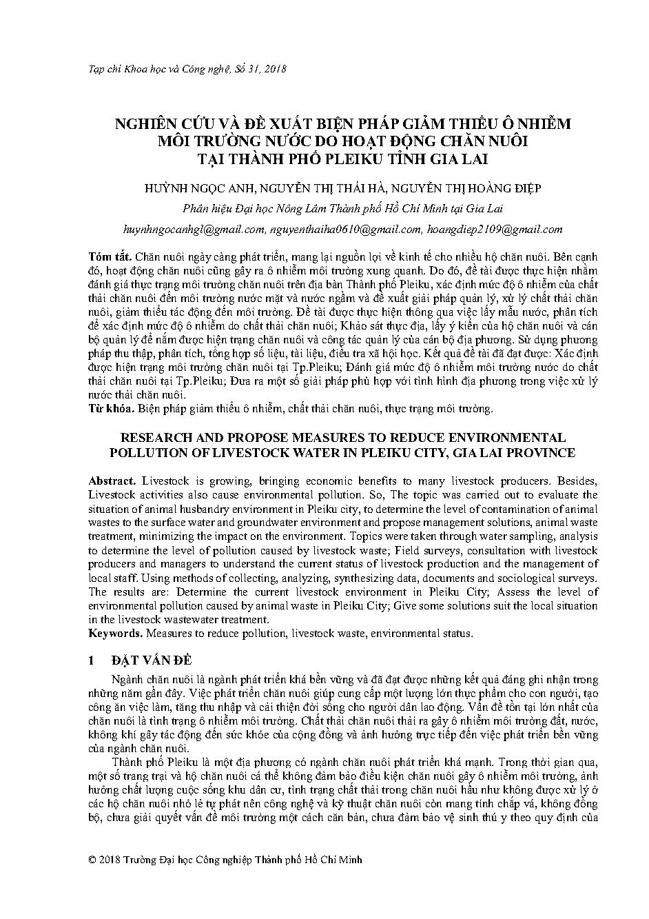 Nghiên cứu và đề xuất biện pháp giảm thiểu ô nhiễm môi trường nước do hoạt động chăn nuôi tại Thành phố Pleiku tỉnh Gia Lai