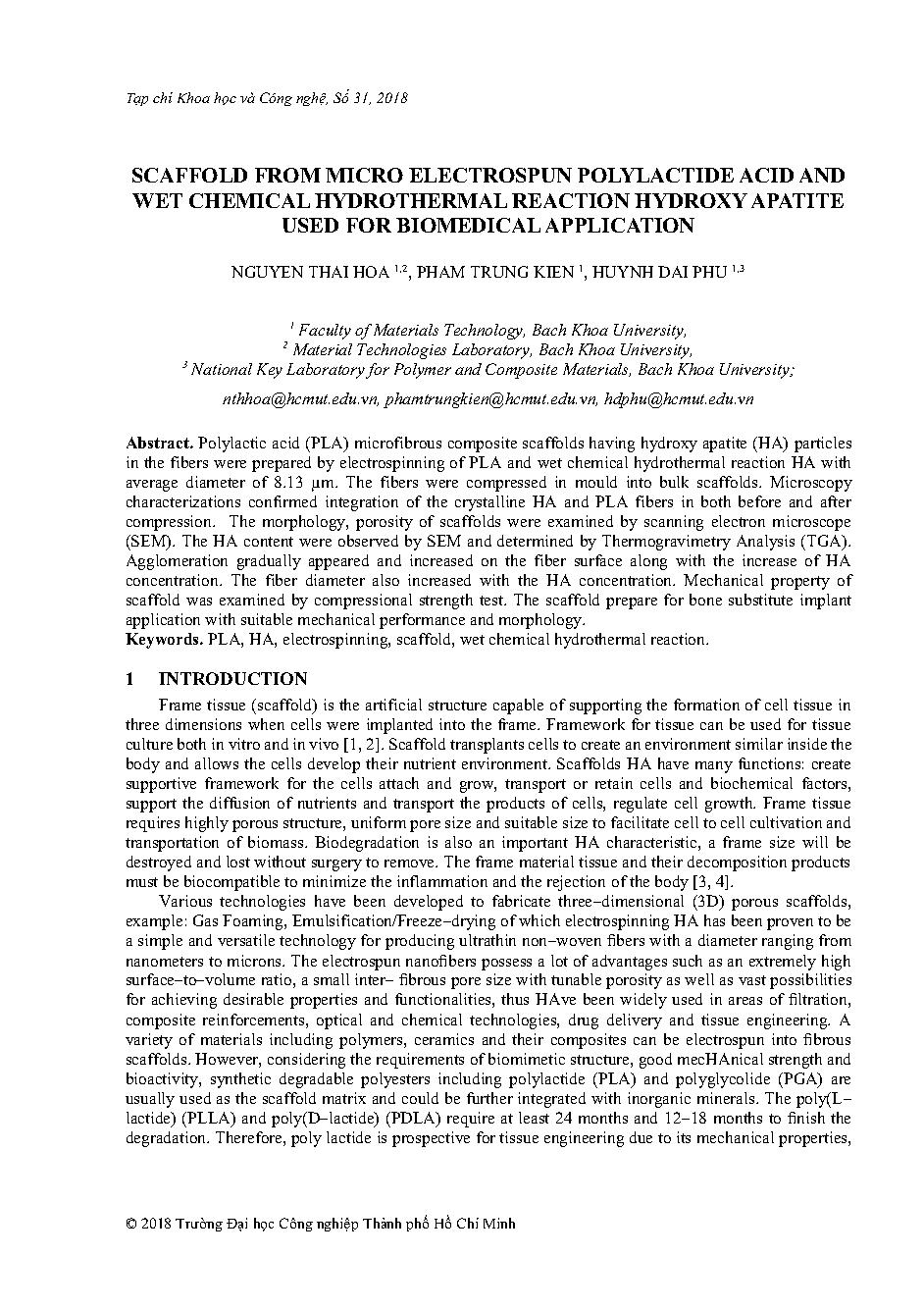 Vật liệu scaffold sinh học từ sợi micro-nano electrospun polylactic acid và hydroxy apstite hấp thủy nhiệt