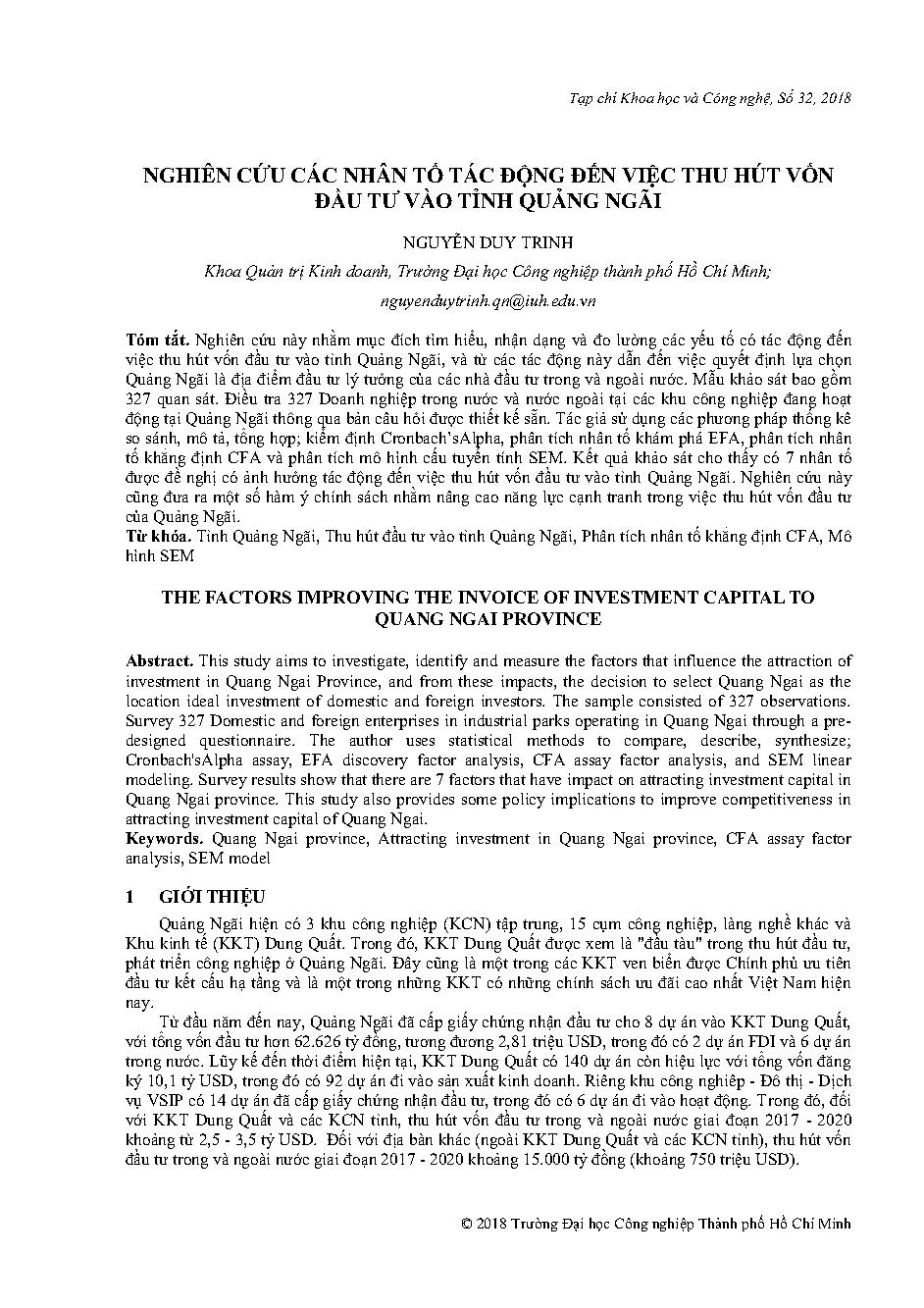 Nghiên cứu các nhân tố tác động đến việc thu hút vốn đầu tư vào tỉnh Quảng Ngãi