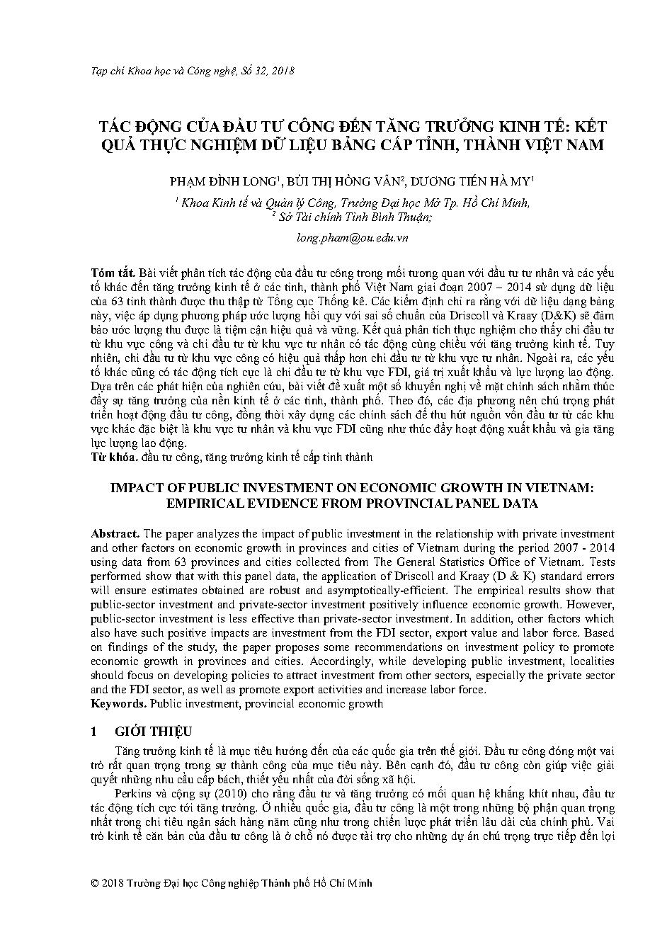 Tác động của đầu tư công đến tăng trưởng kinh tế: Kết quả thực nghiệm dữ liệu bảng cấp tỉnh, thành Việt Nam
