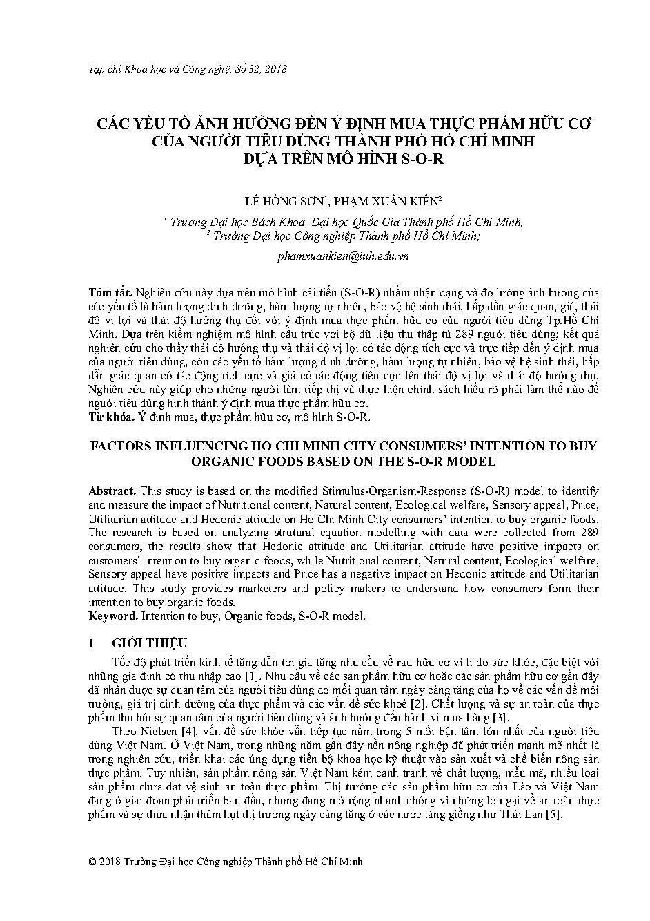 Các yếu tố ảnh hưởng đến ý định mua thực phẩm hữu cơ của người tiêu dùng Thành phố Hồ Chí Minh dựa trên mô hình S-O-R