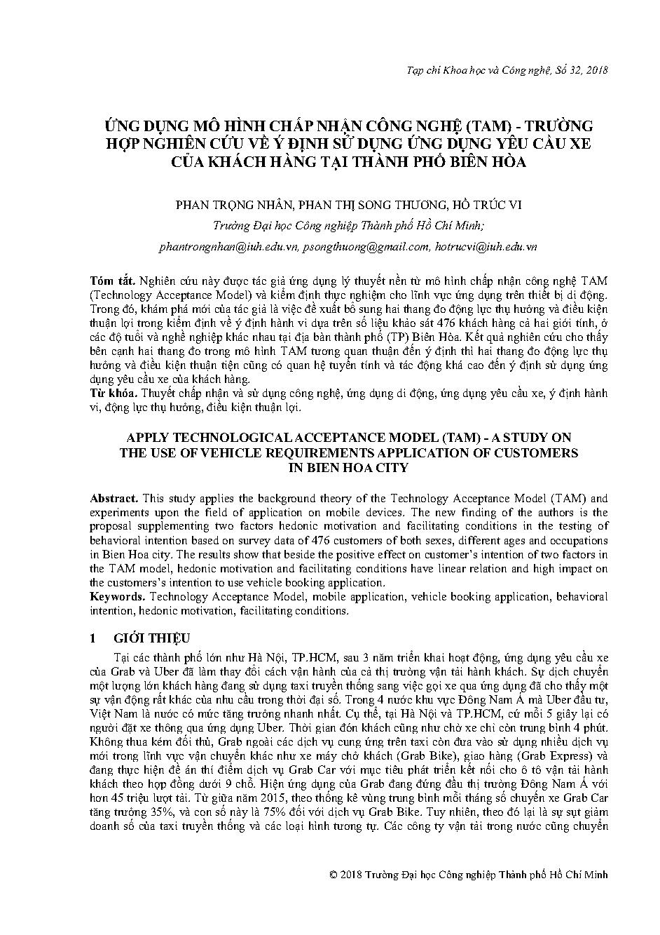 Ứng dụng mô hình chấp nhận công nghệ (TAM) - Trường hợp nghiên cứu về ý định sử dụng ứng dụng yêu cầu xe của khách hàng tại Thành phố Hồ Chí Minh