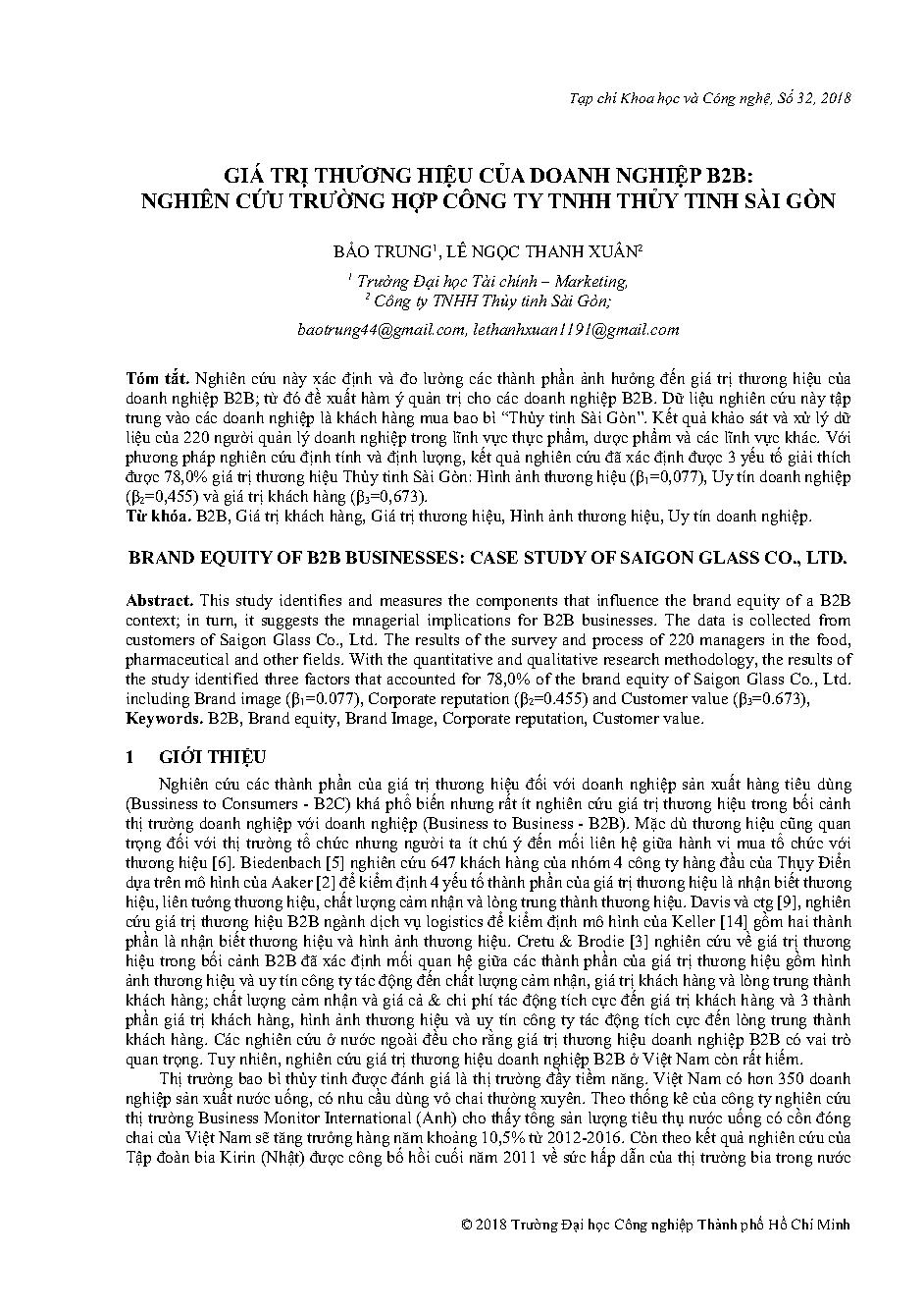 Giá trị thương hiệu của doanh nghiệp B2B: Nghiên cứu trường hợp công ty TNHH thủy tinh Sài Gòn