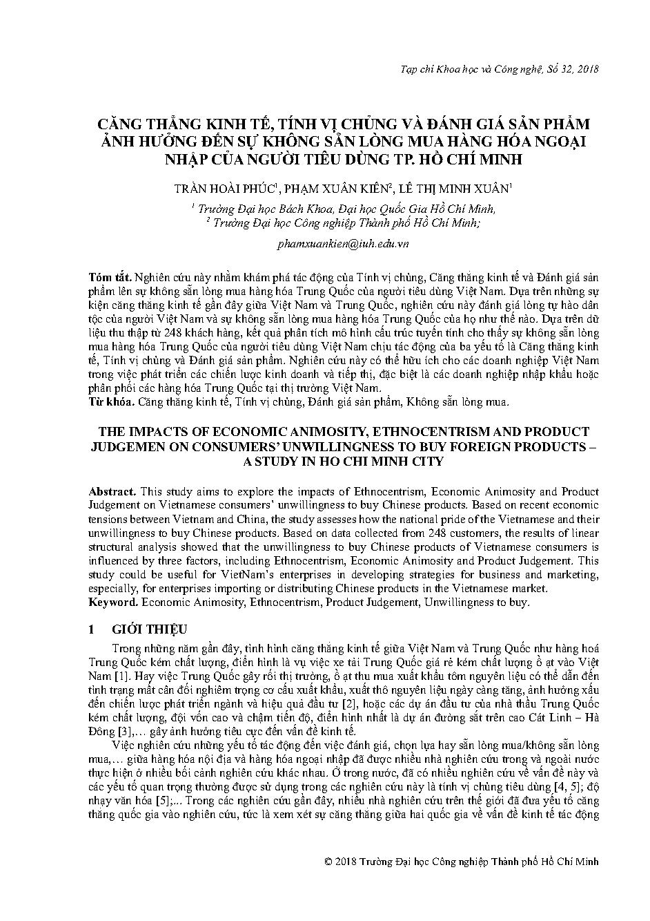 Căng thẳng kinh tế, tính vị chủng và đánh giá sản phẩm ảnh hưởng đến sự không hài lòng mua hàng hóa ngoại nhập của người tiêu dùng Tp. Hồ Chí Minh