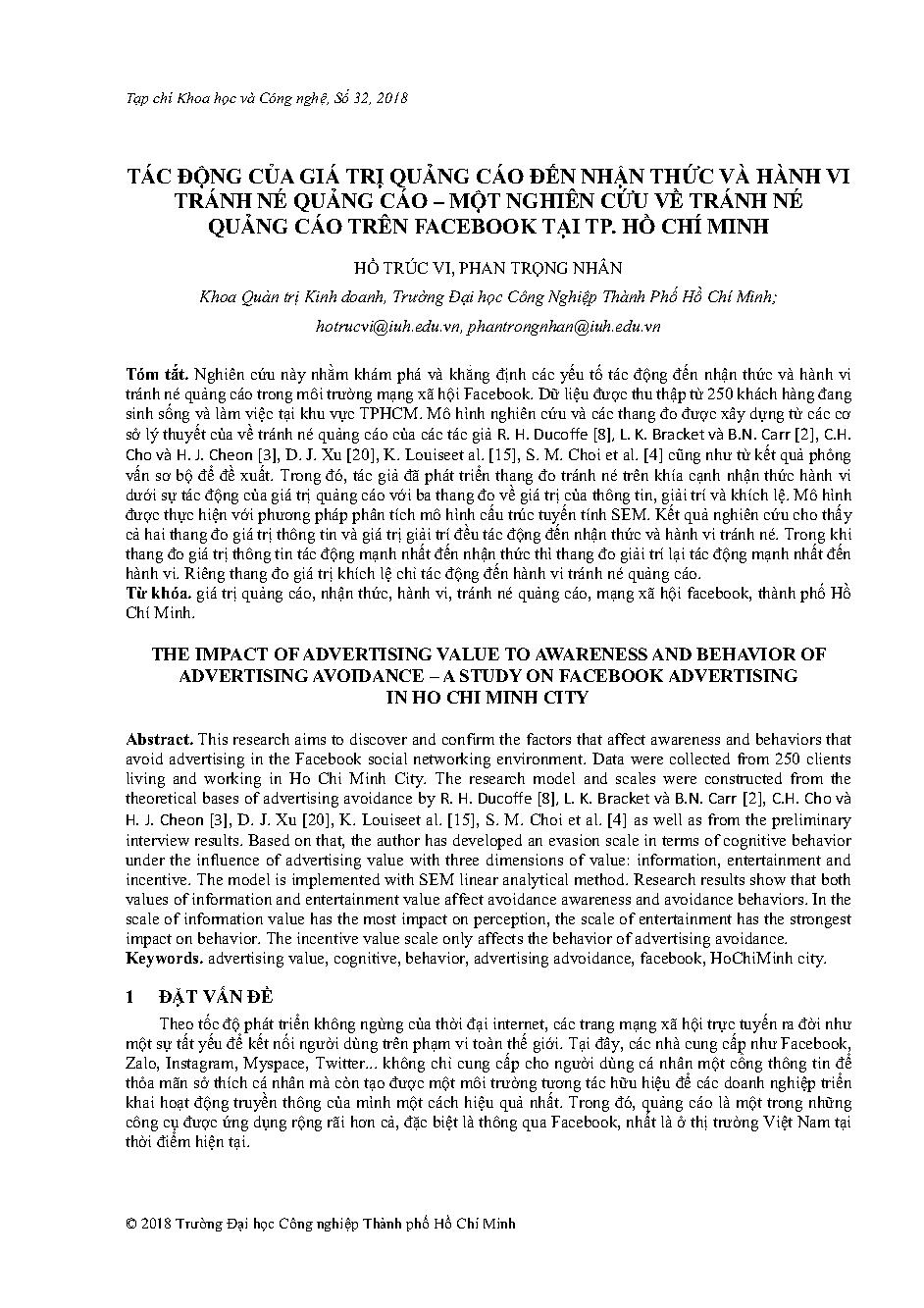 Tác động của giá trị quảng cáo đến nhận thức và hành vi tránh né quảng cáo - Một nghiên cứu về tránh né quảng cáo trên facebook tại Tp. Hồ chí Minh