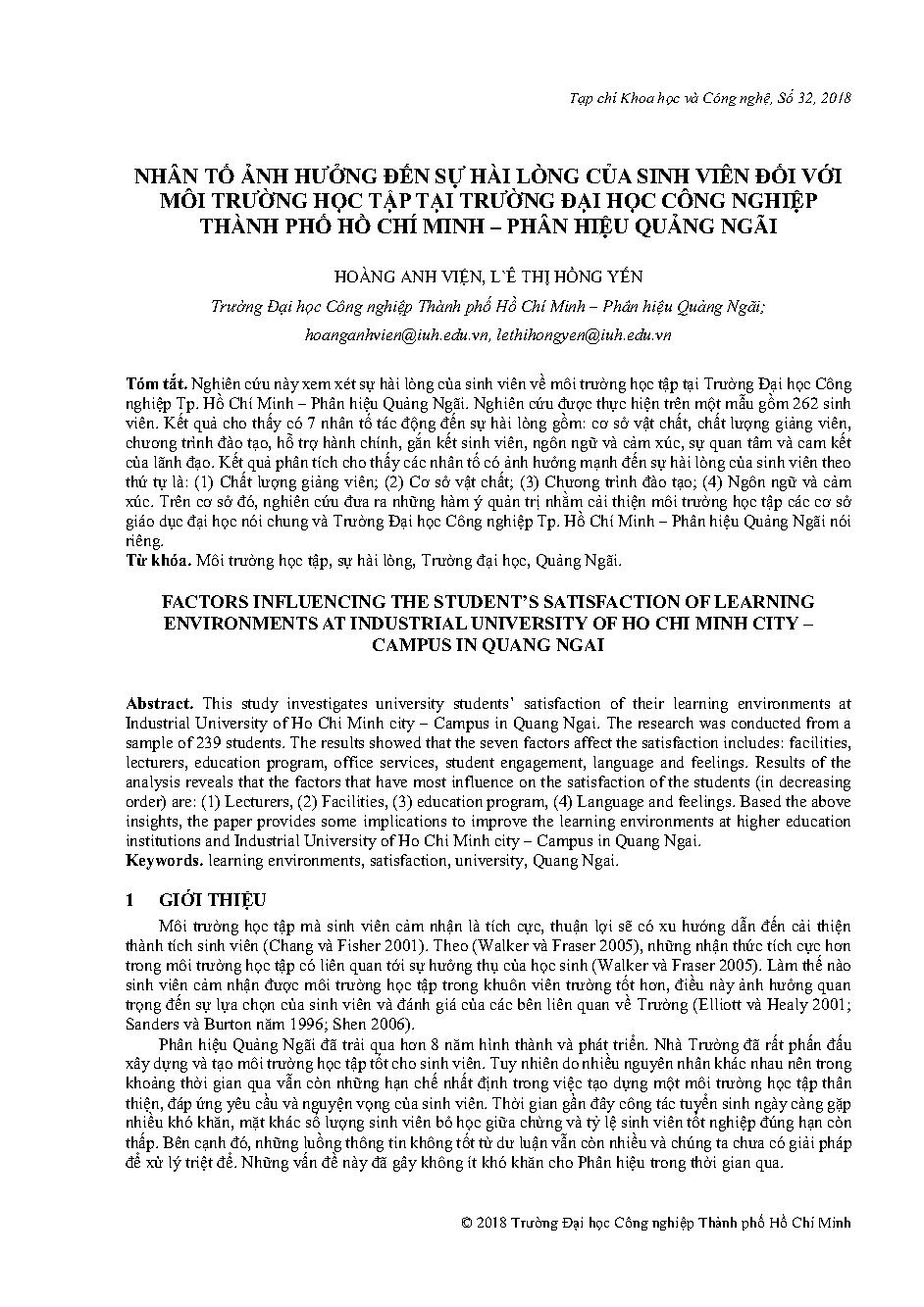 Nhân tố ảnh hưởng đến sự hài lòng của sinh viên đối với môi trường học tập tại trường Đại học Công nghiệp Thành phố Hồ Chí Minh - Phân hiệu Quảng Ngãi