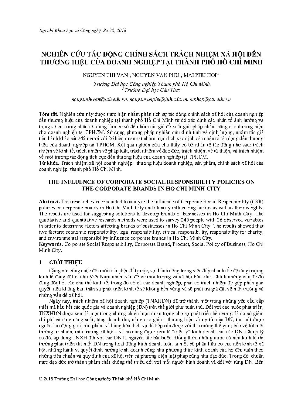 Nghiên cứu tác động chính sách trách nhiệm xã hội đến thương hiệu của doanh nghiệp tại Tp. Hồ chí Minh