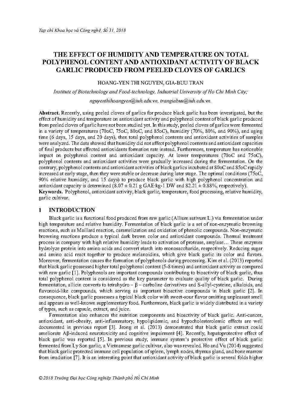 Ảnh hưởng của độ ẩm và nhiệt độ lên hàm lượng Polyphenol tổng số và hoạt tính kháng oxy hóa của tỏi đen sản xuất từ tỏi tươi đã bóc vỏ