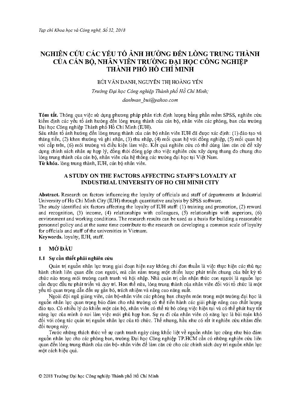 Nghiên cứu đến các yếu tố ảnh hưởng đến lòng trung thành của cán bộ, nhân viên Trường Đại học Công nghiệp Thành phố Hồ Chí Minh