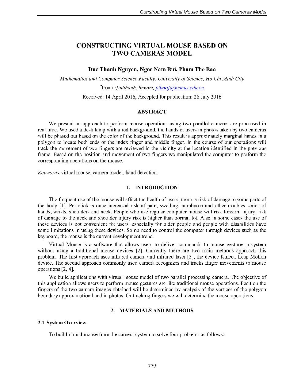 Constructing virtual mouse based on two cameras model