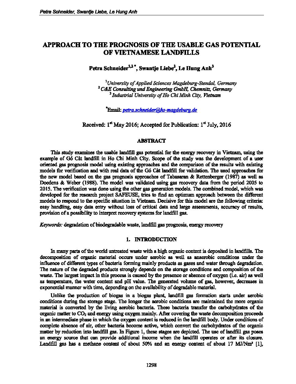 Approach to the prognosis of the usable gas potential of Vietnamese landfills