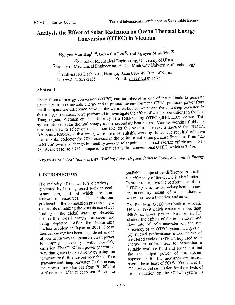 Analysis the Effect of Solar Radiation on Ocean Thermal Energy Conversion (OTEC) in Vietnam