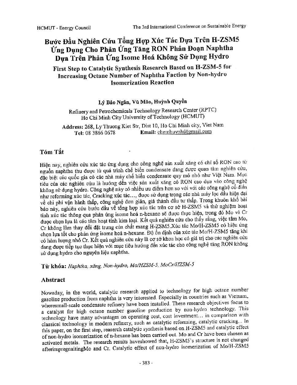 Bước đầu nghiên cứu tổng hợp xúc tác dựa trên H-ZSM5 ứng dụng cho phản ứng tăng RON phân đoạn naphtha dựa trên phản ứng isome hóa không sử dụng hydro