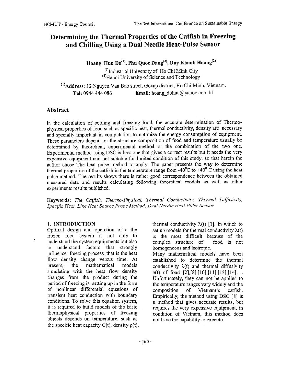 Determining the Thermal Properties of the Catfish in Freezing and Chilling Using a Dual Needle Heat-Pulse Sensor