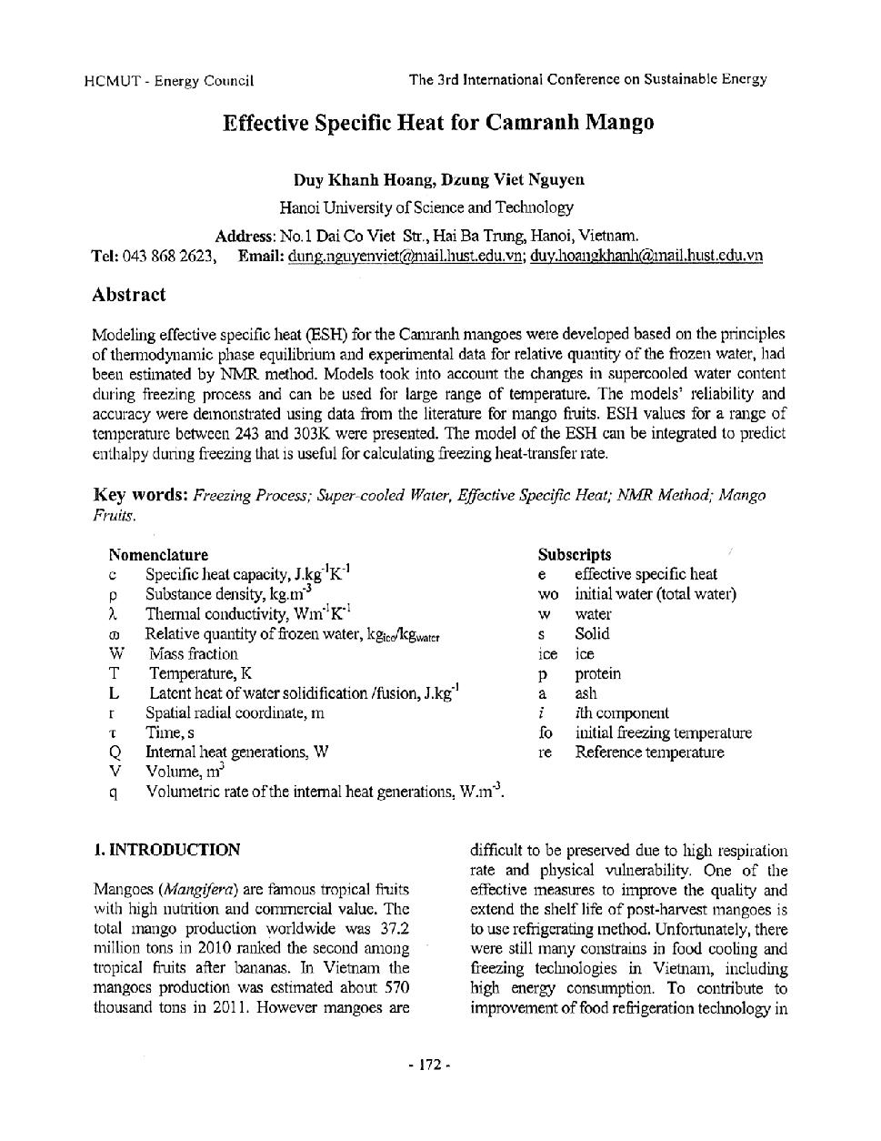 Effective Specific Heat for Camranh Mango