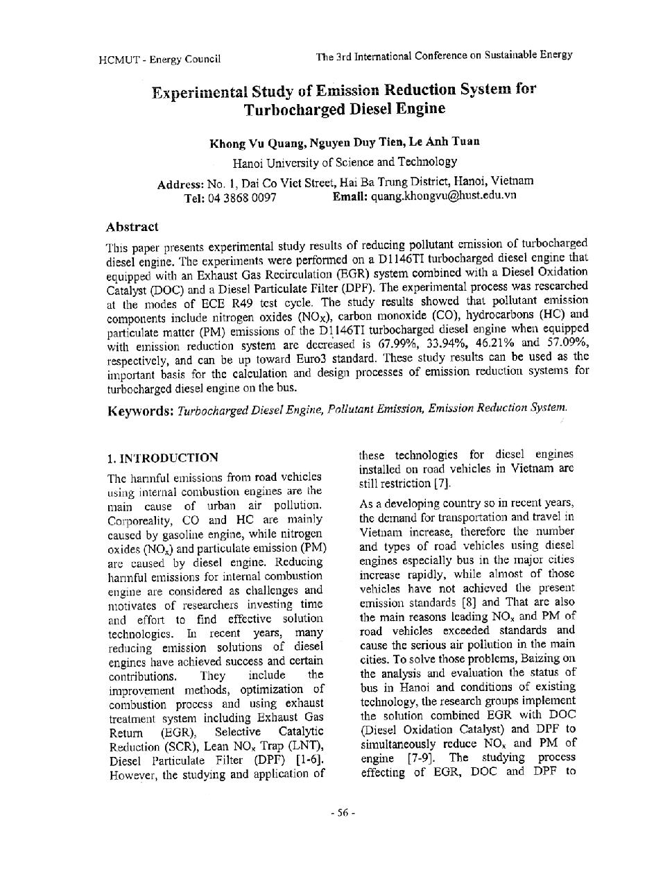 Experimental study of emission reduction system for turbocharged disesl engine