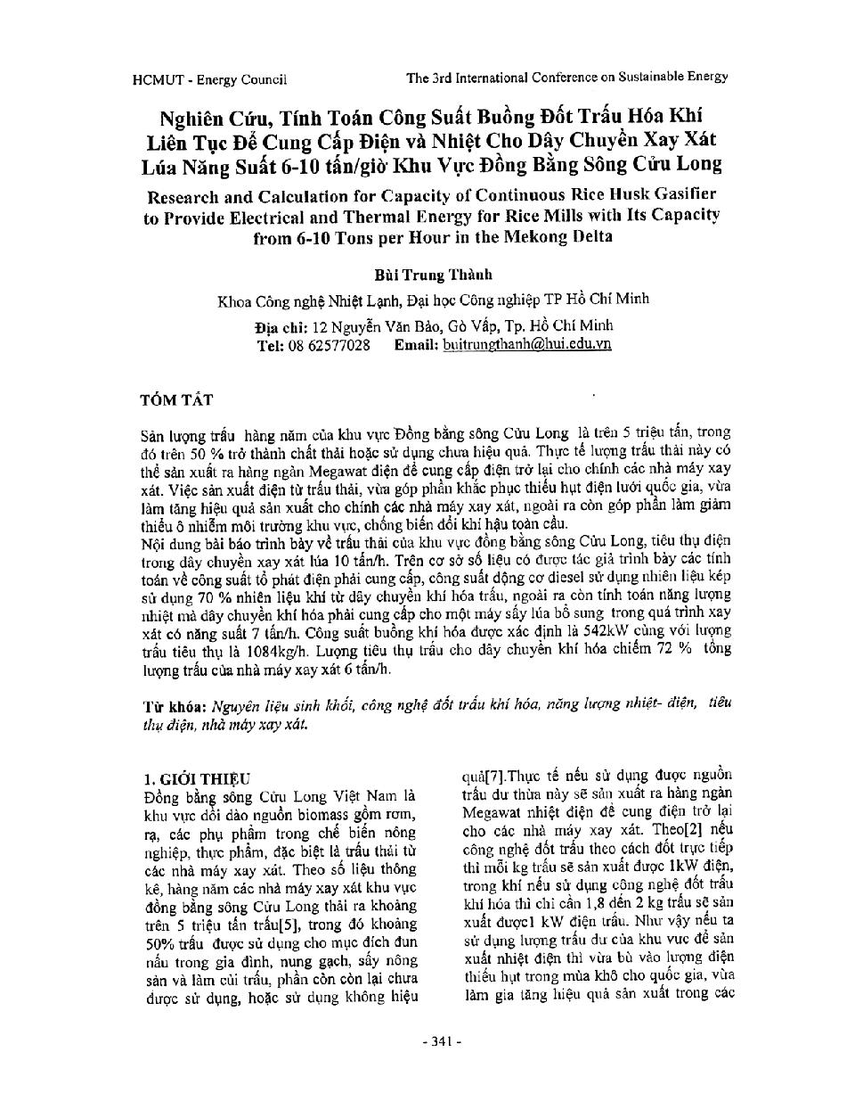 Nghiên cứu, tính toán công suất buồng đốt trấu hóa khí liên tục để cung cấp điện và nhiệt cho dây chuyền xay xát lúa năng suất 6-10 tấn/giờ khu vực Đồng bằng Sông Cửu Long