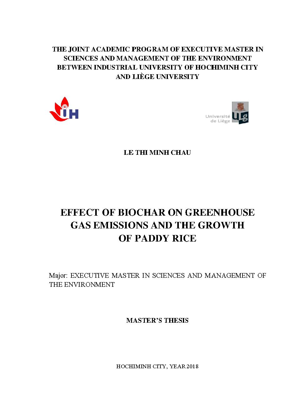 Effect of biochar on greenhouse gas emissions and the growth of paddy rice :Master's thesis - Major : Sciences and management of the environment