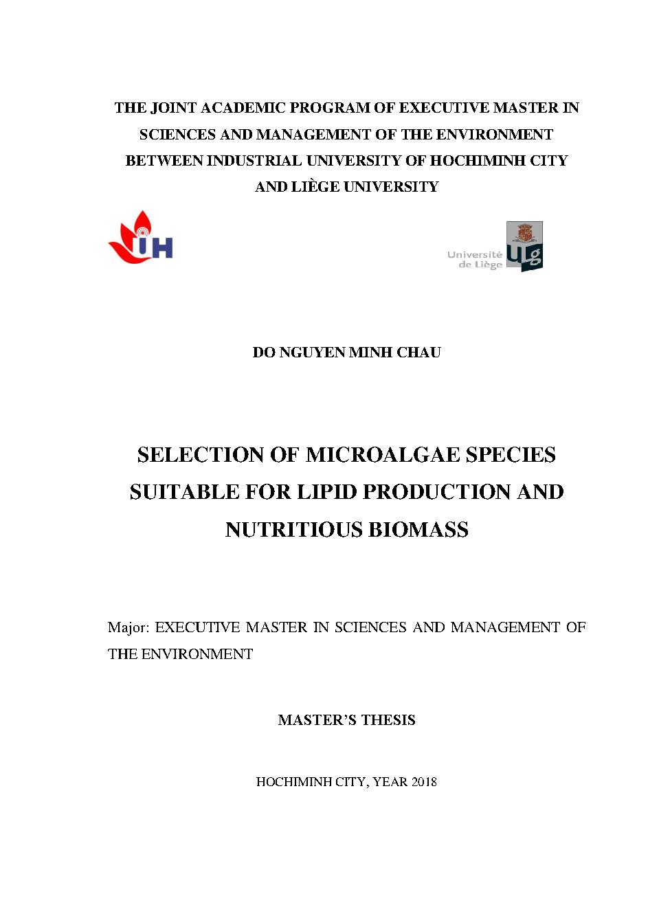 Selection of microalgae species suitable for lipid production and nutritious biomass :Master's thesis - Major : Sciences and management of the environment