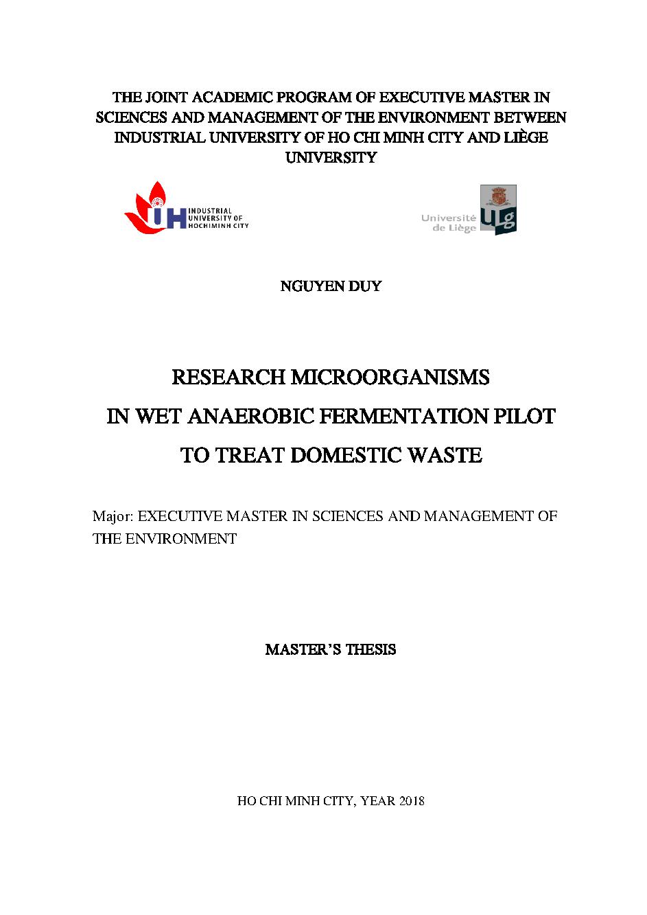 Researcho microoranisms in wet anaerobic fermentation pilot to treat domestic waste :Master's thesis - Major : Sciences and management of the environment