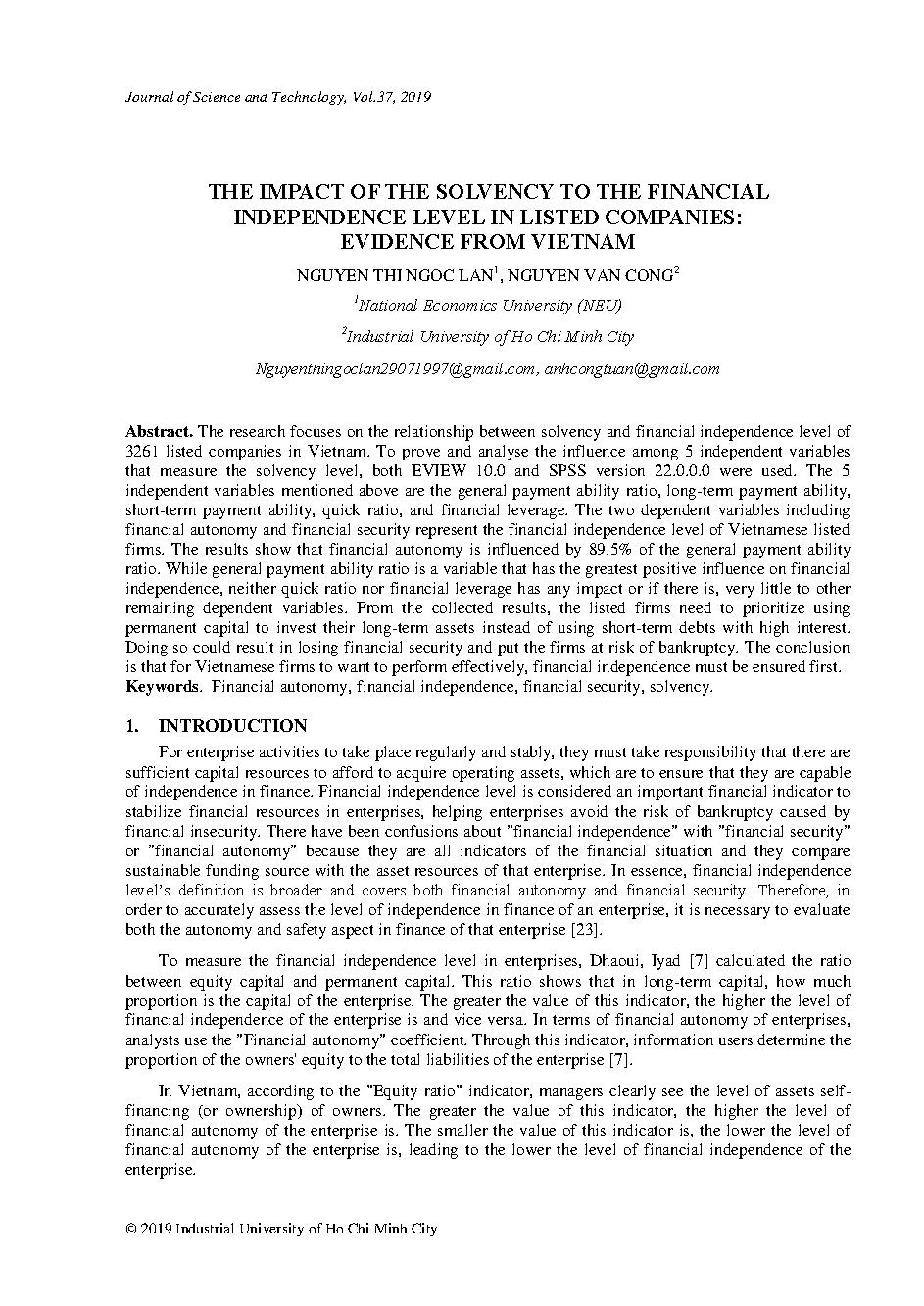 The impact of the solvency to the financial independence level in listed companies : evidence from Vietnam