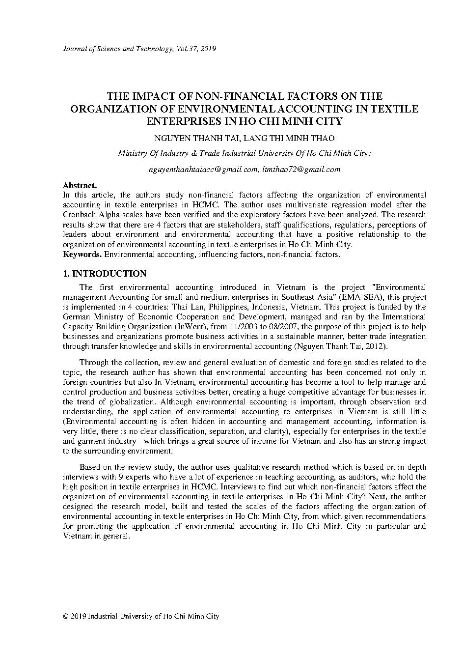 The impact of non –financial factors on the organization of environmental accounting in textile enterprises in Ho Chi Minh city