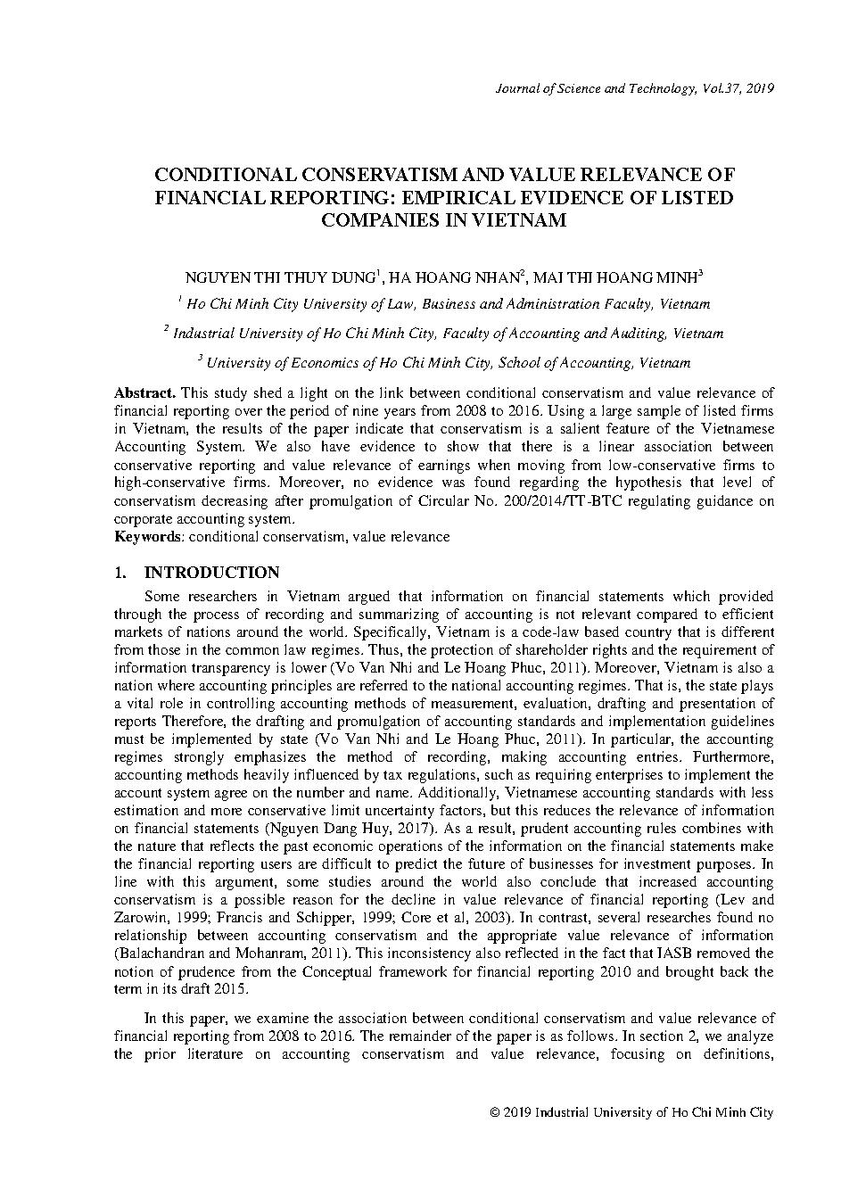 Conditional conservatism and value relevance of financial reporting: Enmpirical evidence of listed companies in Vietnam