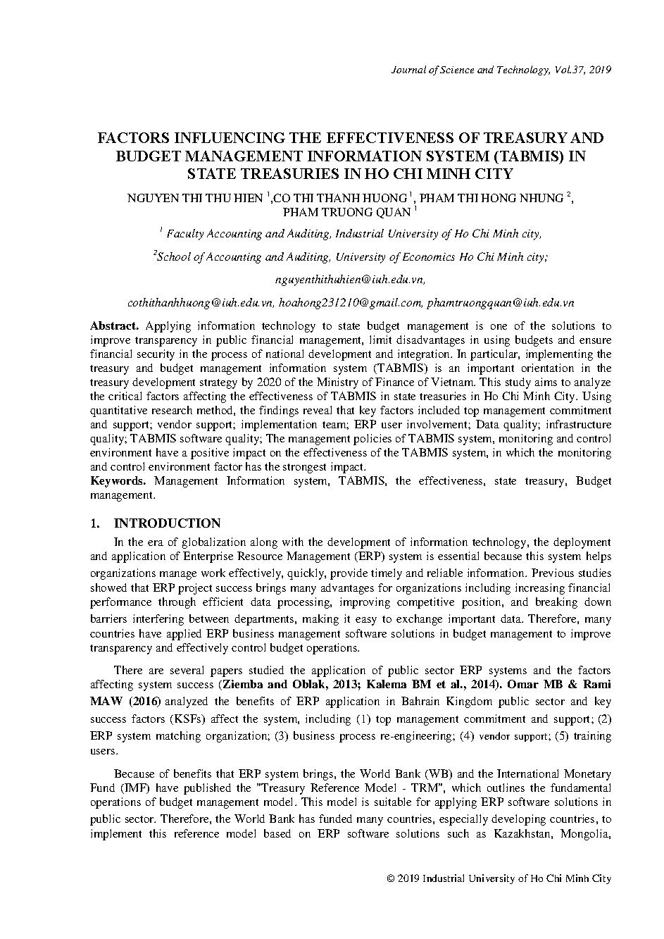 The factors influencing the effectiveness of treasury and budget management information system ( TABMIS) in state treasuries in Ho Chi Minh city