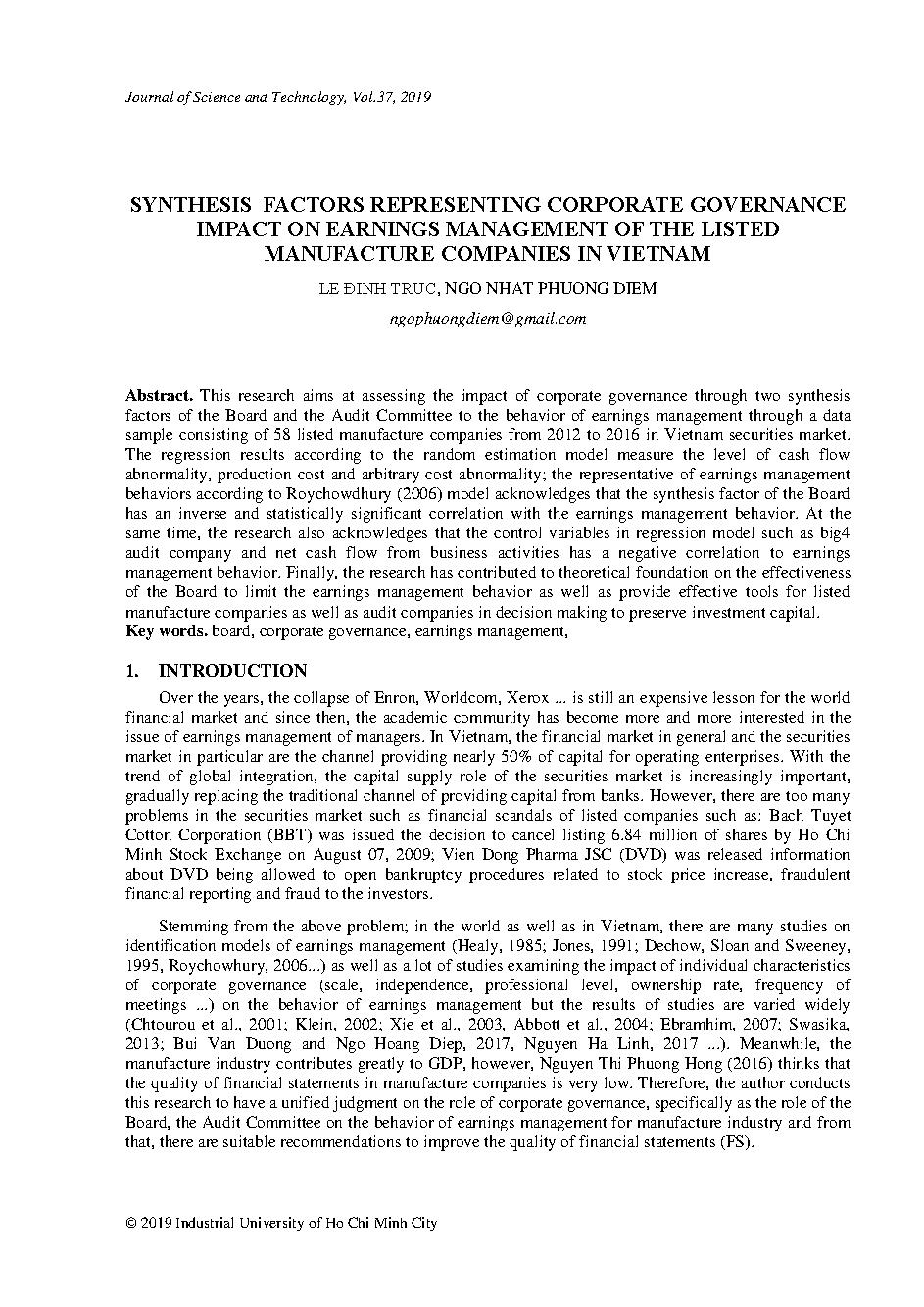 Synthesis factors representing corporate governance impaction on earnings management of the listed manufacture companies in Vietnam