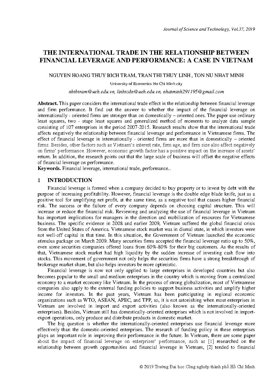 The international trade in the relationship between financial leverage and performance: A case in Vietnam