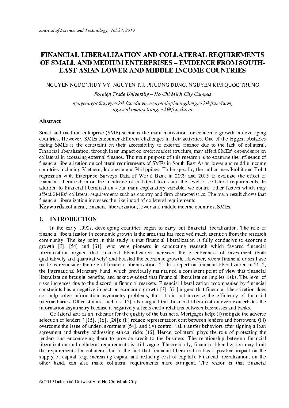 Financial liberalization and collateral requirements of small and medium enterprises – evidence from South-East Asian lower and middle income countries