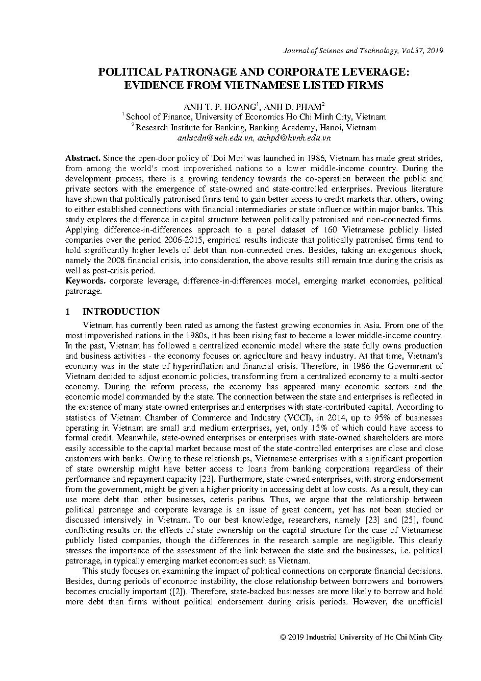 Political patronage and corporate leverage : Empirical evidence from Vietnamese listed companies