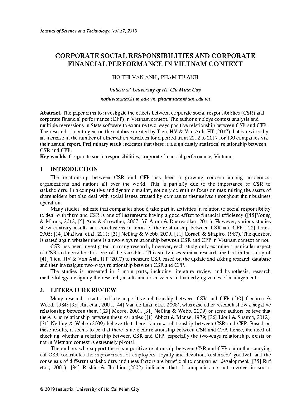 Corporate social responsibilities and corporate financial performance in Vietnam context