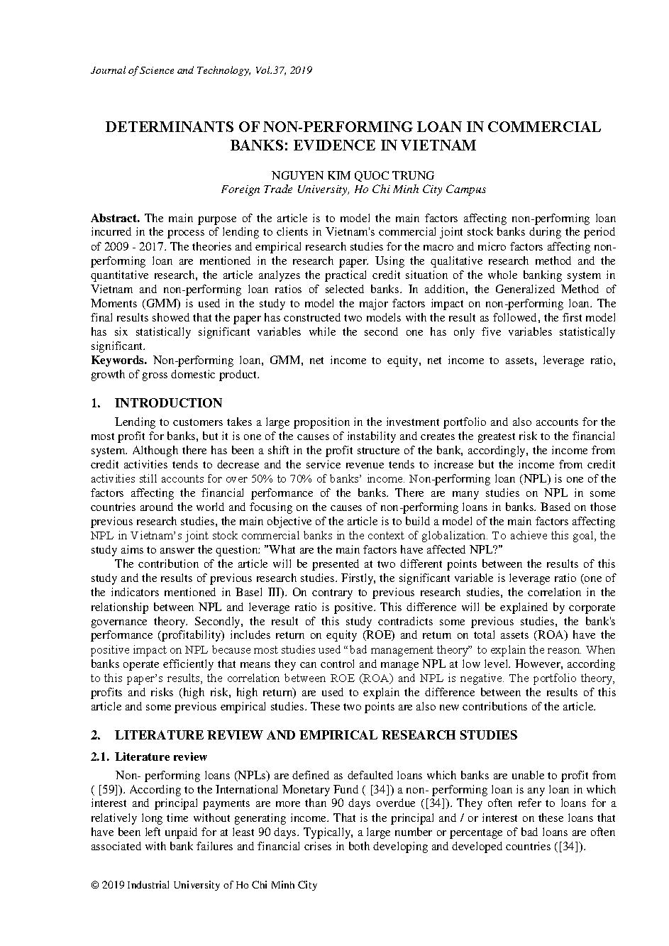 Determinants of non - performing loan in commercial banks : evidence in Vietnam