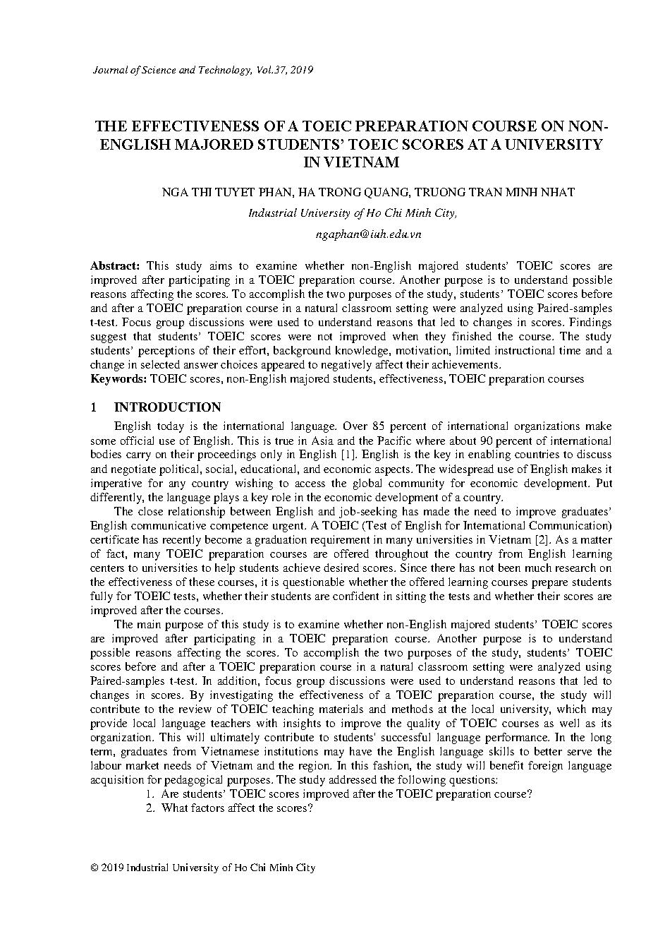 The effectiveness of a toeic preparation course on non- Enghlish majored student’s toeic scores at a university in Vietnam