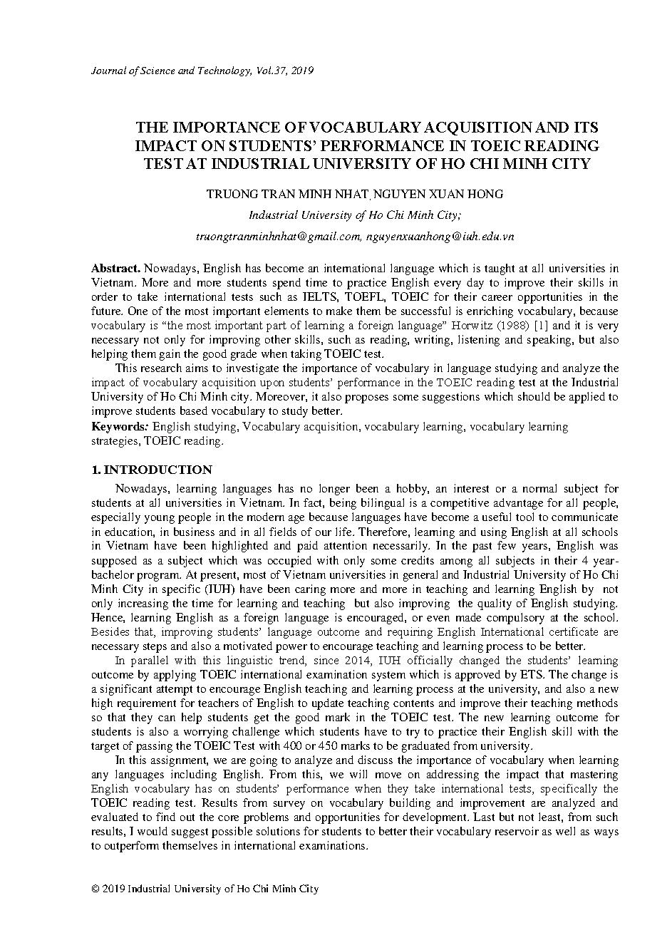 The importance of vocabulary acquisition and its impact on student’s performance in toeic reading test at industrial university of Ho Chi Minh City