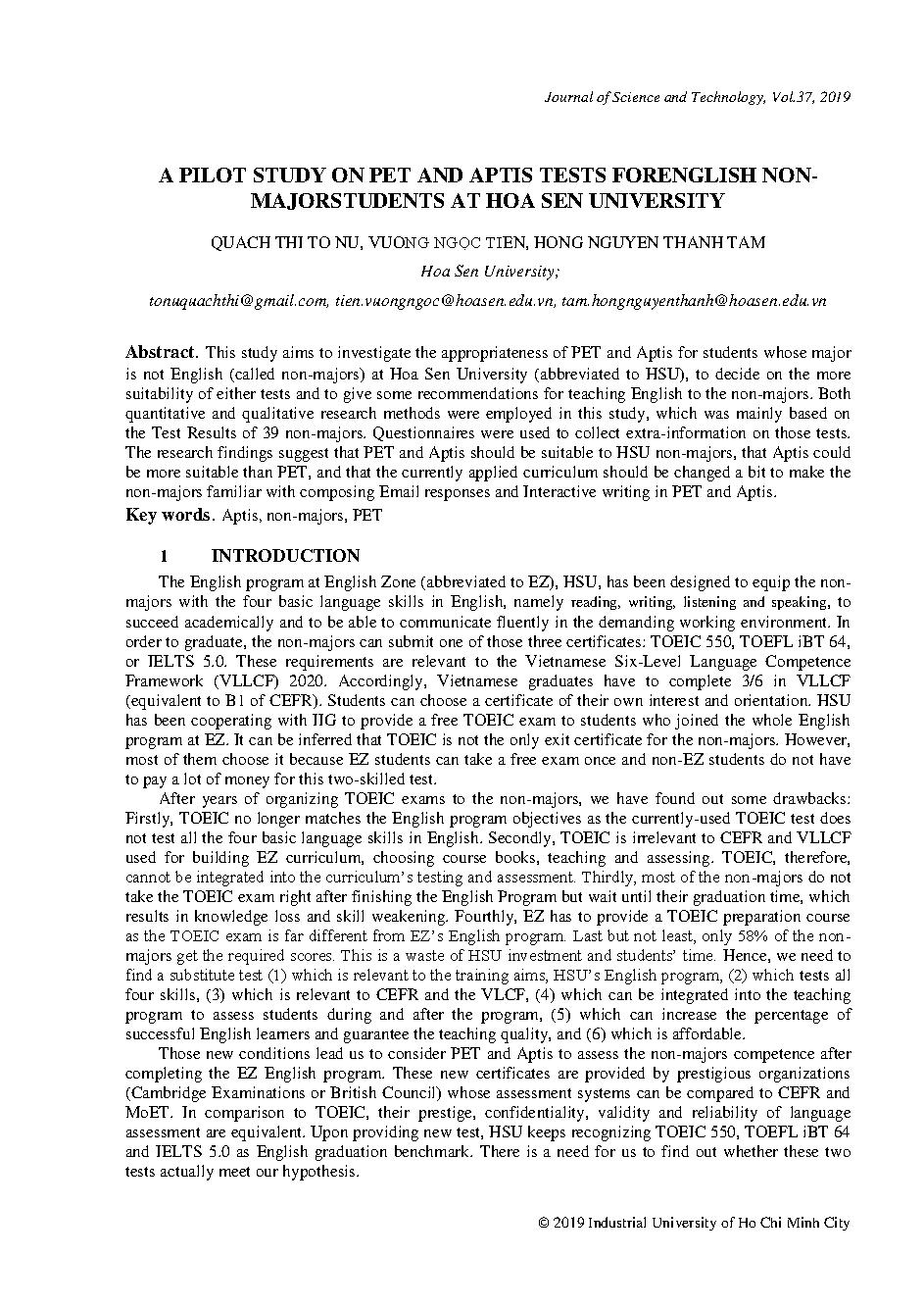 A Pilot study on PET and aptis tests for English non – major students at Hoa Sen University