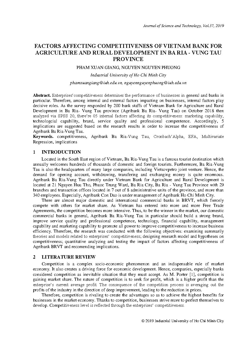 Factors affecting competitiveness of Vietnam bank for Agriculture and rural development in Ba Ria-Vung Tau Province