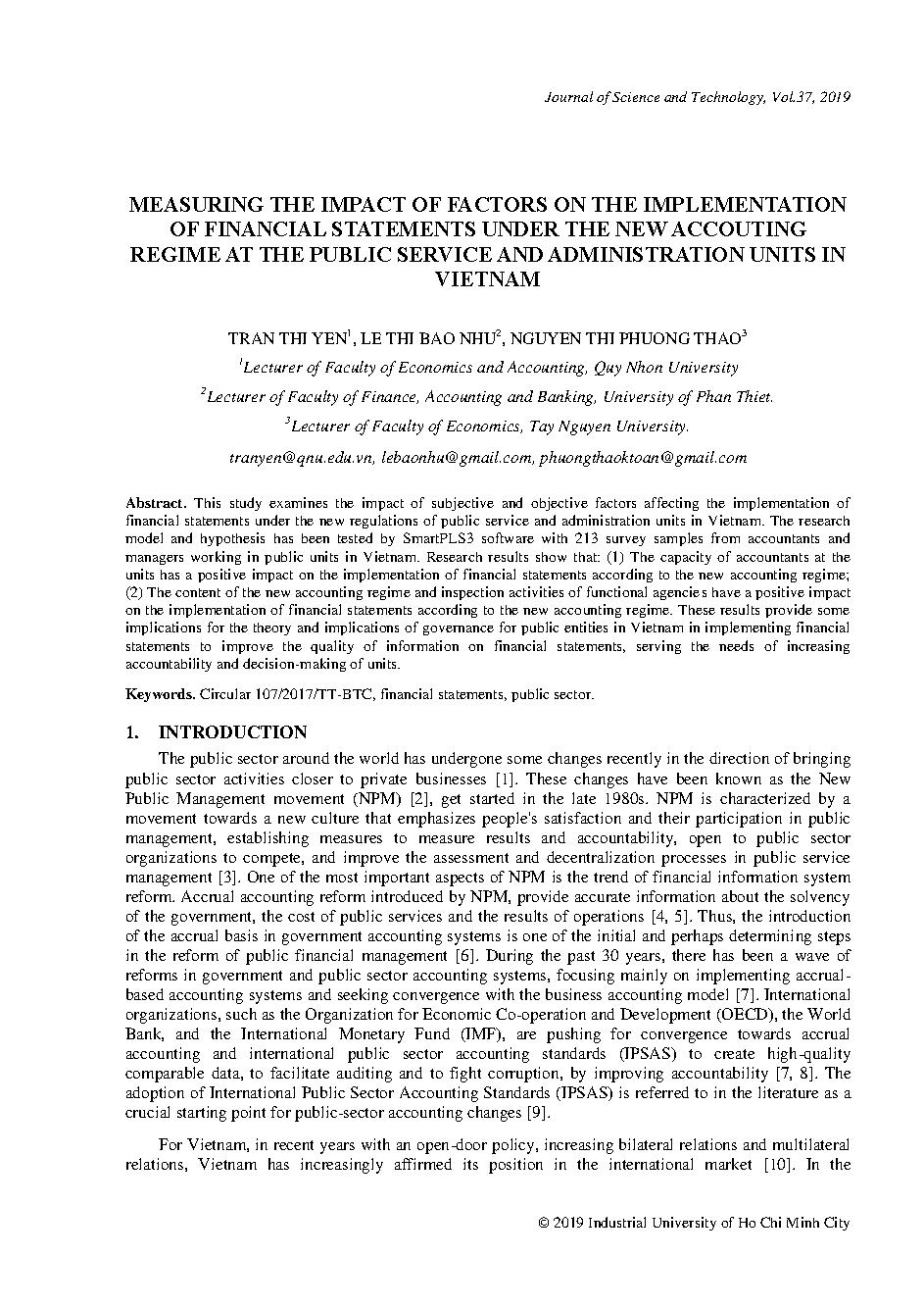 Measuring the impact of factors on the implementation of financial statements under the new accounting regime at the public service and administration units in Vietnam