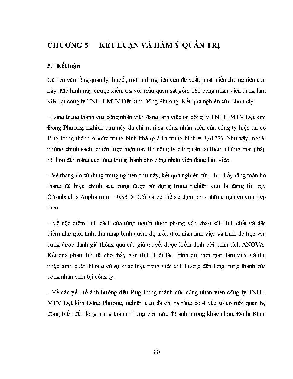 Nghiên cứu các yếu tố ảnh hưởng đến lòng trung thành của nhân viên Công ty TNHH - Một thành viên dệt kim Đông Phương: Luận văn Thạc sĩ - Chuyên ngành: Quản trị Kinh doanh