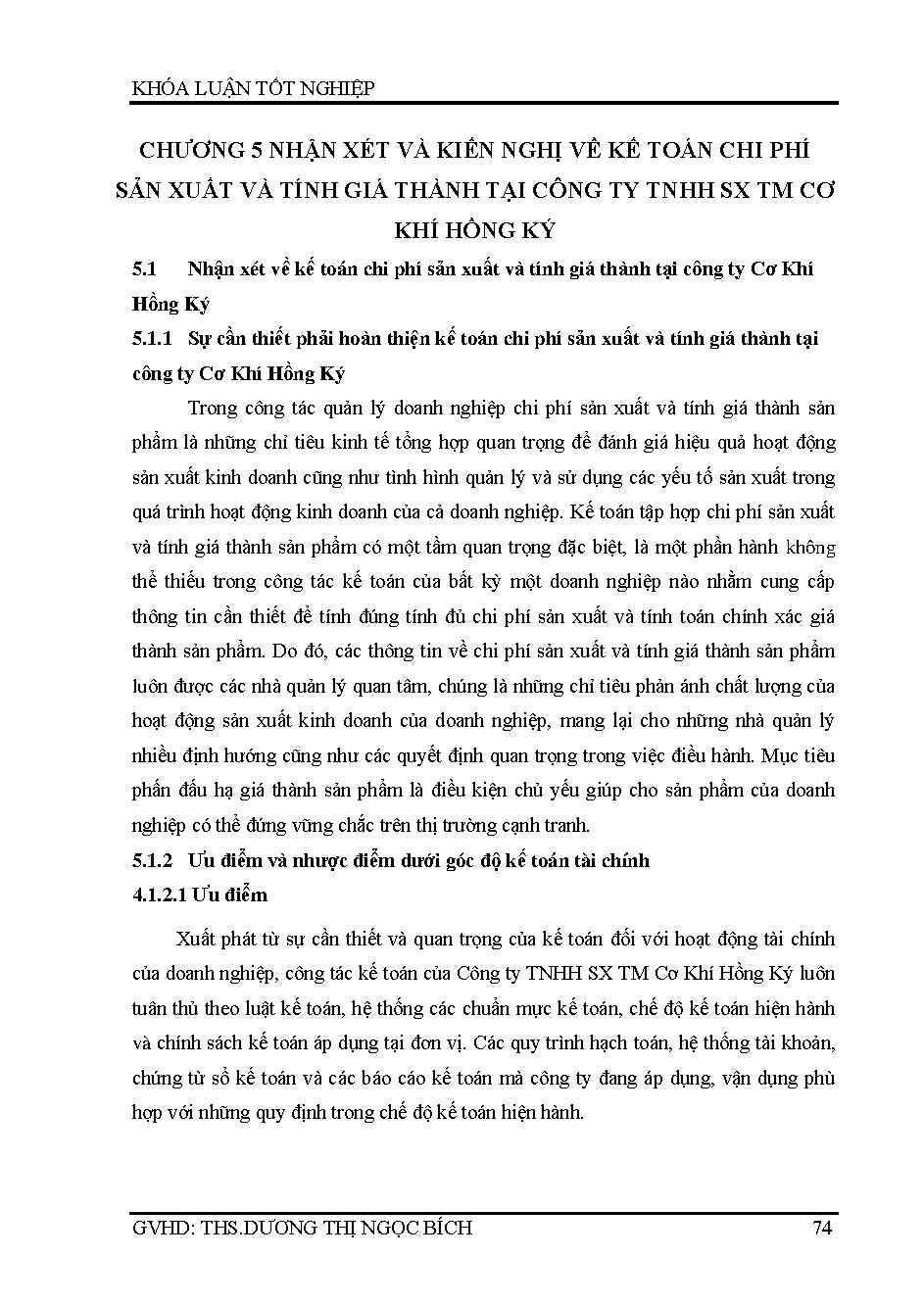 Hoàn thiện công tác kế toán chi phí sản xuất và tính giá thành sản phẩm tại Công ty TNHH SX TM cơ khí Hồng Ký :Khóa luận tốt nghiệp Khoa Kế toán - Kiểm toán