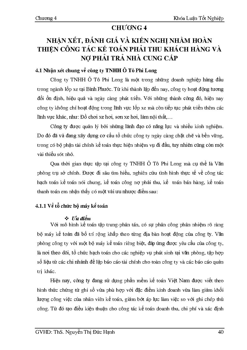 Hoàn thiện kế toán phải thu khách hàng và phải trả nhà cung cấp tại Công ty TNHH Ô tô Phi Long 1 :Khóa luận tốt nghiệp Khoa Kế toán - Kiểm toán